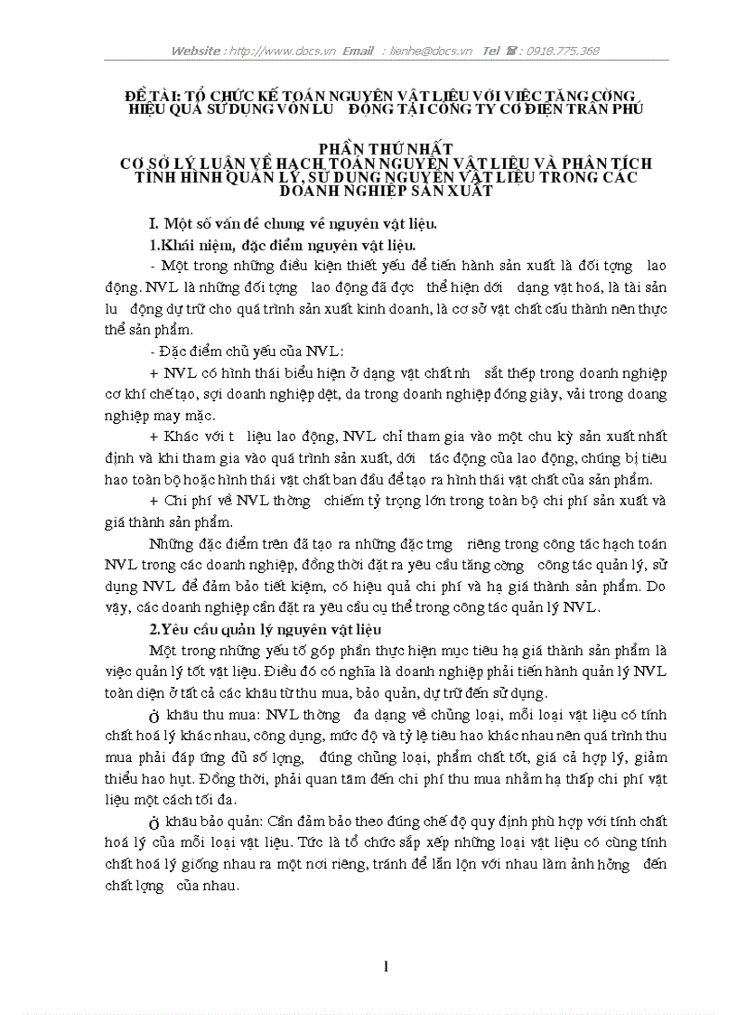 Tổ chức kế toán nguyên vật liệu với việc tăng cường hiệu quả sử dụng vốn lưu động tại công ty cơ điện trần phú