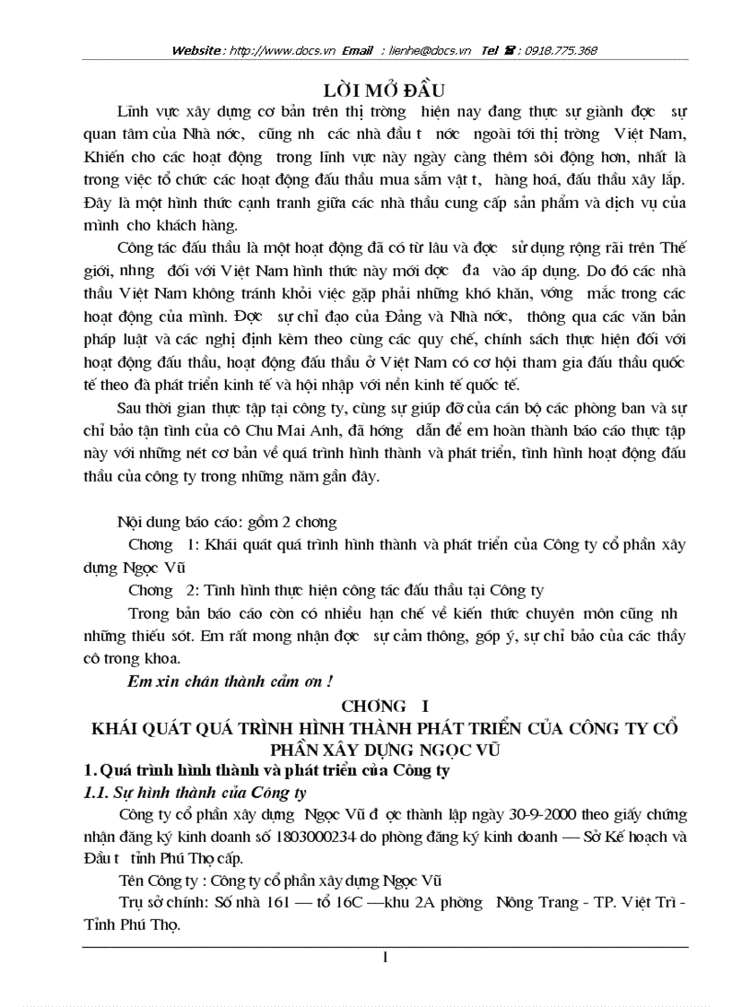 Báo cáo tại Tại Công ty CP xây dựng Ngọc Vũ