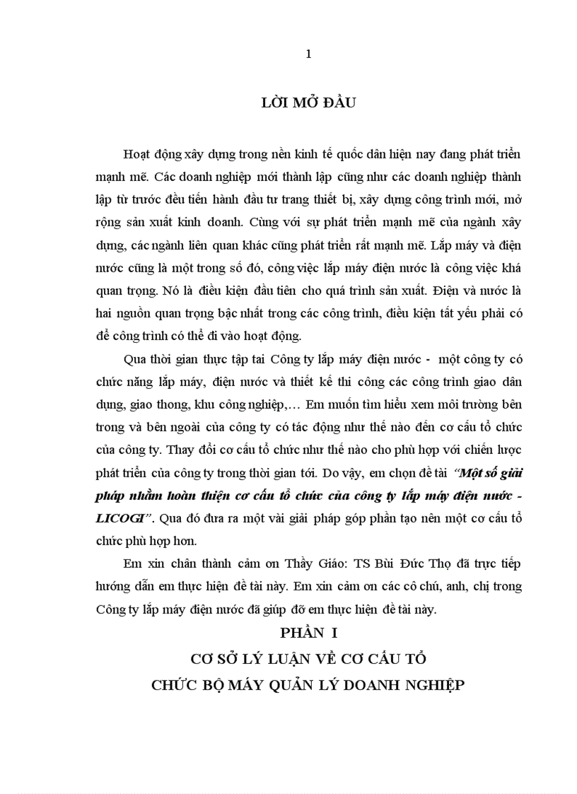 Một số giải pháp nhằm hoàn thiện cơ cấu tổ chức của công ty lắp máy điện nước LICOG