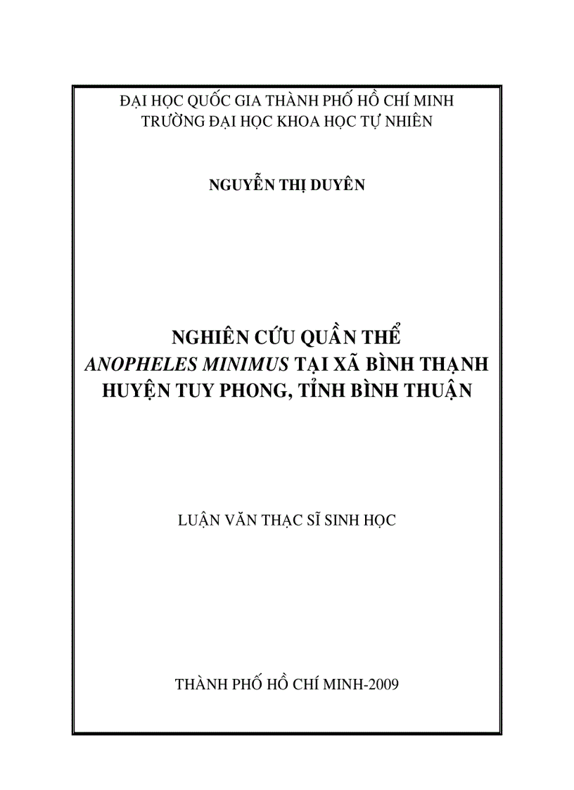 Nghiên cứu quần thể anopheles minimus tại xã bình thạnh huyện tuy phong tỉnh bình thuận