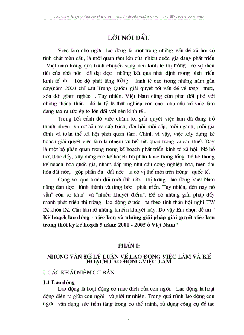Kế hoạch lao động việc làm và những giải pháp giải quyết việc làm trong thời kỳ kế hoạch 5 năm 2001 2005 ở Việt Nam