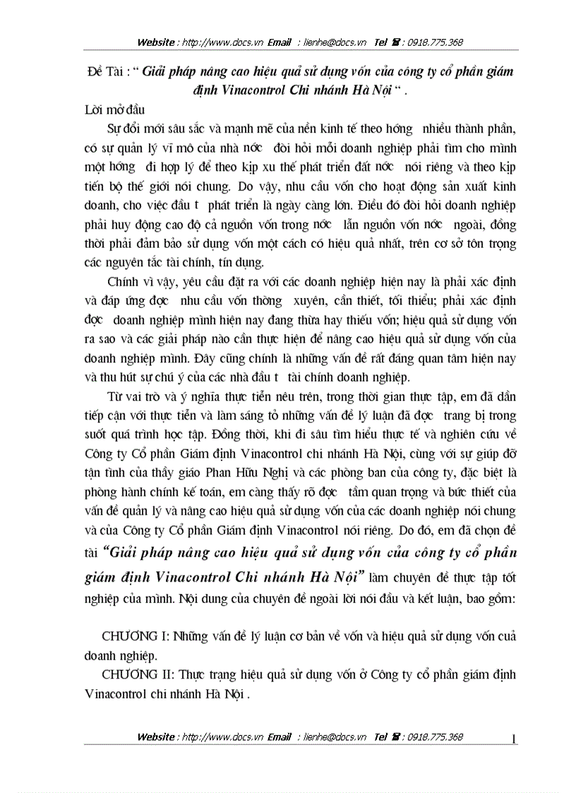 Giải pháp nâng cao hiệu quả sử dụng vốn của công ty cổ phần giám định Vinacontrol Chi nhánh Hà Nội