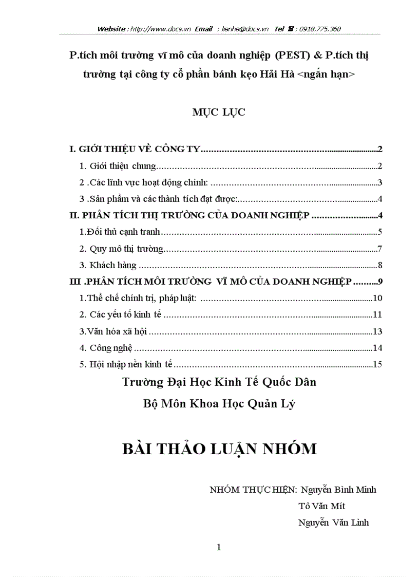 Phân tích môi trường vĩ mô của doanh nghiệp PEST P tích thị trường tại công ty cổ phần bánh kẹo Hải Hà lt ngắn hạn gt