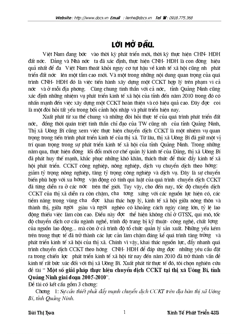 Một số giải pháp thực hiện chuyển dịch CCKT tại thị xã Uông Bí tỉnh Quảng Ninh giai đoạn 2005 2010