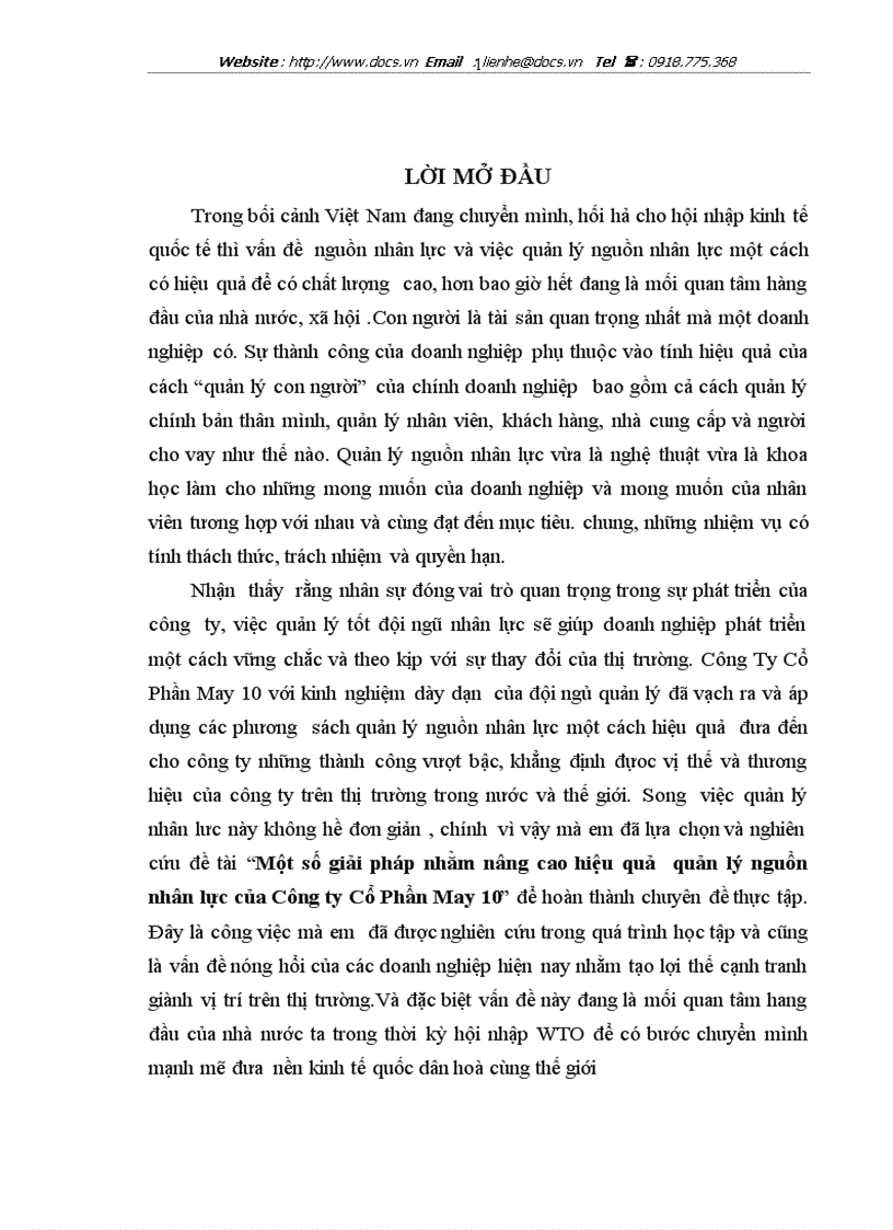 Một số giải pháp nhằm nâng cao hiệu quả quản lý nguồn nhân lực của Công ty Cổ Phần May 10