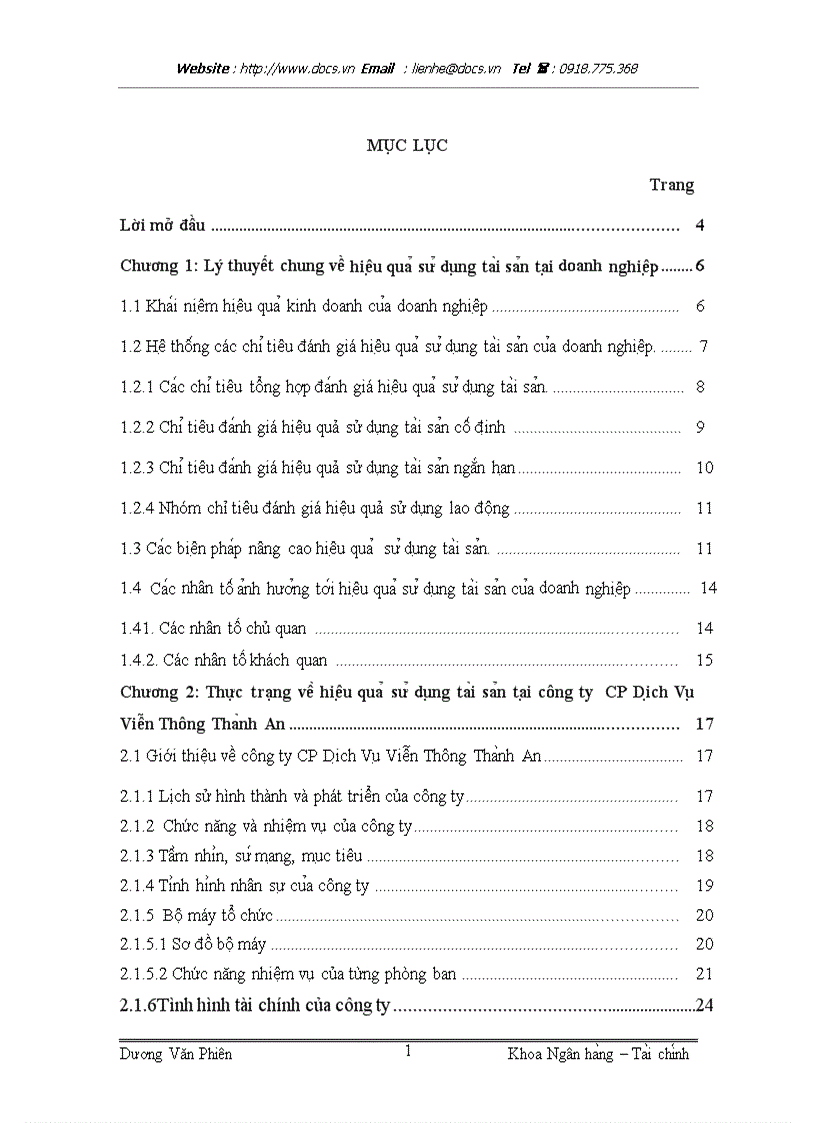 Hiệu quả sử dụng tài sản tại công ty CP Dịch Vụ Viễn Thông Thành An