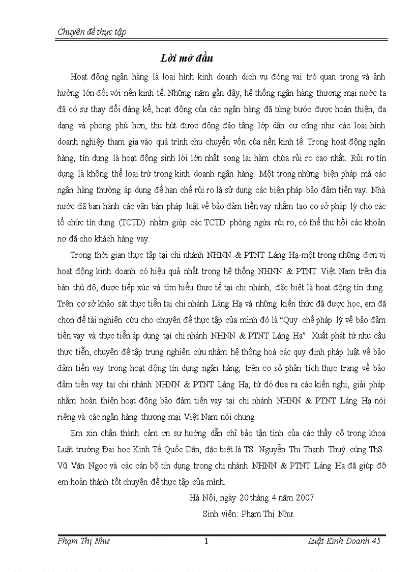 Hoàn thiện hoạt động bảo đảm tiền vay tại chi nhánh nhnn ptnt láng hạ