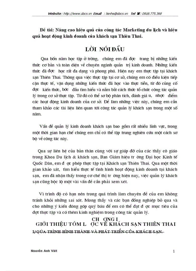 Nâng cao hiệu quả của công tác Marketing du lịch và hiệu quả hoạt động kinh doanh của khách sạn Thiên Thai