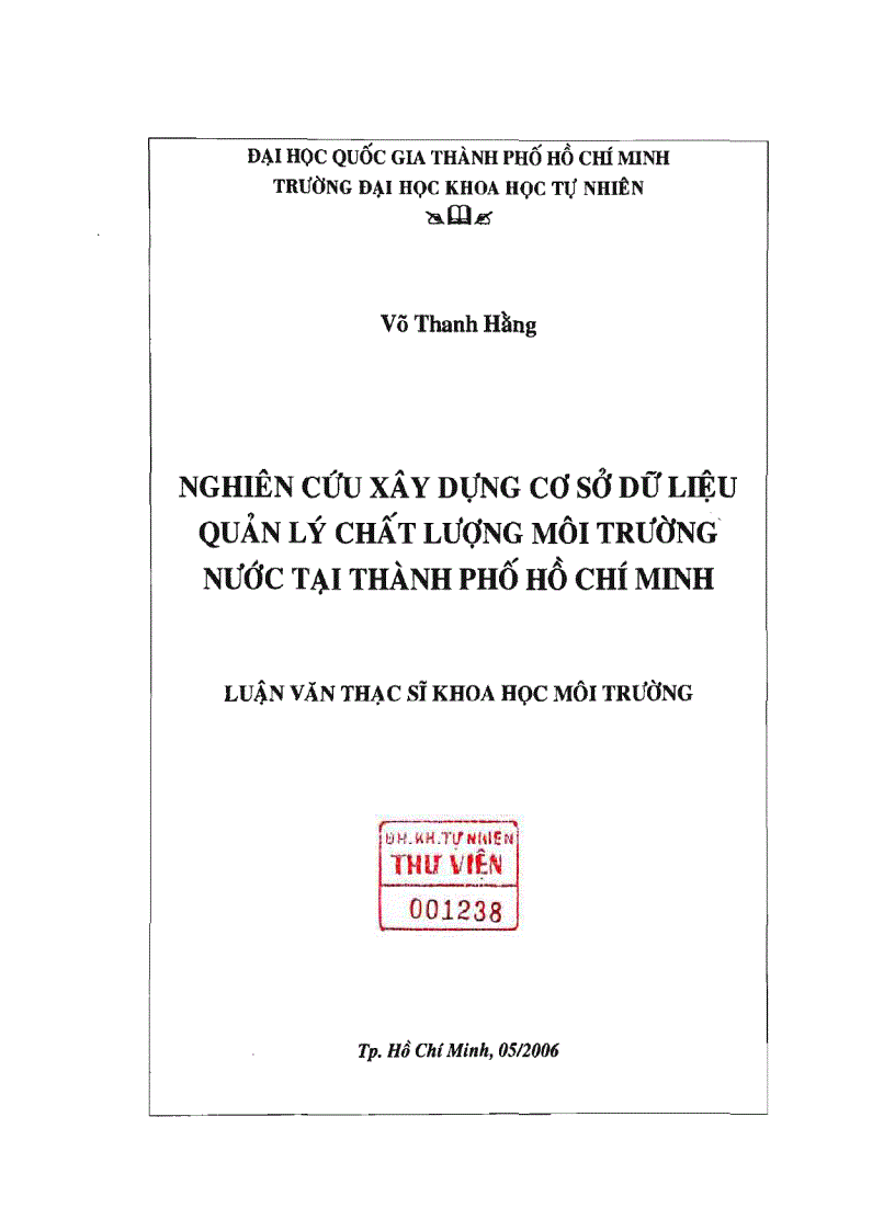 Nghiên cứu xây dựng cơ sở dữ liệu quản lý chất lượng môi trường nước tại thành phố hồ chí minh