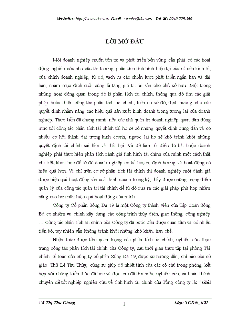 Giải pháp hoàn thiện chất lượng phân tích tài chính doanh nghiệp tại Công ty Cổ phần Sông Đà 19