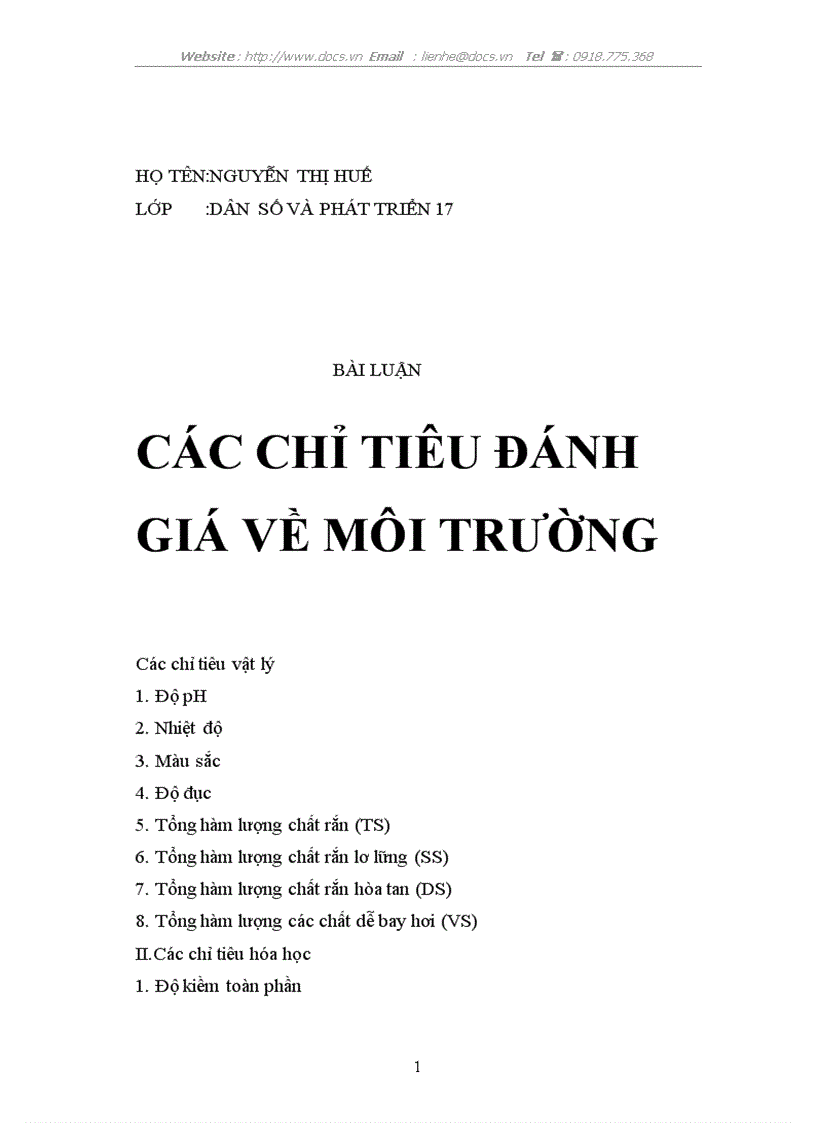 Các chỉ tiêu đánh giá về môi trường