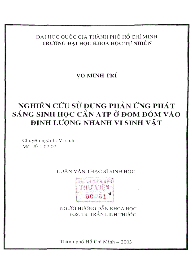 Nghiên cứu sử dụng phản ứng phát sáng sinh học cần atp ở đom đóm vào định lượng nhanh vi sinh vật