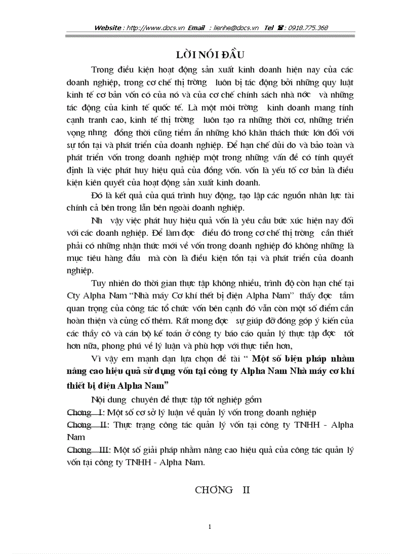 Một số biện pháp nhằm nâng cao hiệu quả sử dụng vốn tại công ty Alpha Nam Nhà máy cơ khí thiết bị điện Alpha Nam