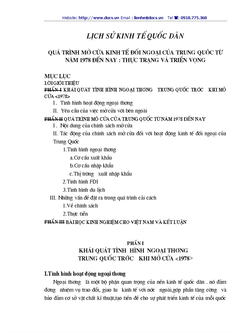 Lịch sử KTQD quá trình mở cửa kinh tế đối ngoại của Trung Quốc từ năm 1978 đến nay thực trạng triển vọng