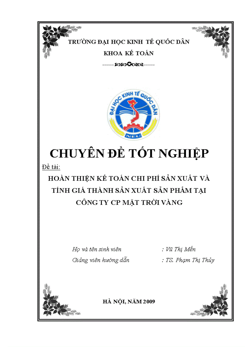 Hoàn thiện kế toán chi phí sản xuất và tính giá thành sản xuất sản phẩm tại công ty cp mặt trời vàng