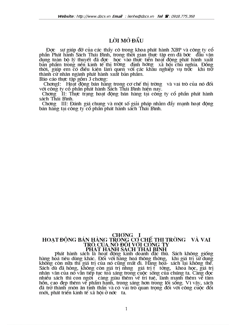 Hoạt động bán hàng trong cơ chế thị trường và vai trò của nó đối với công ty phát hành sách thái bình