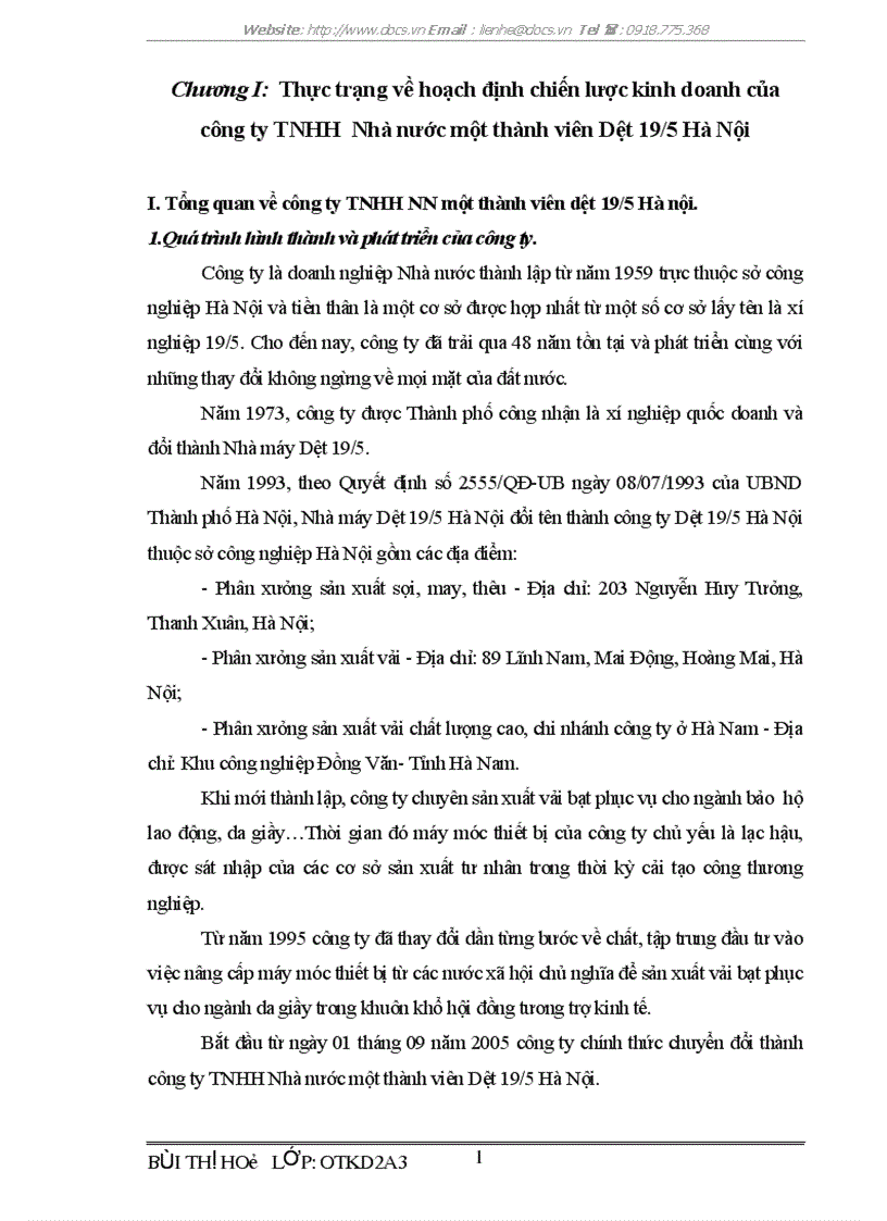 Thực trạng về hoạch định chiến lược kinh doanh của công ty TNHH Nhà nước một thành viên Dệt 19 5 Hà Nội