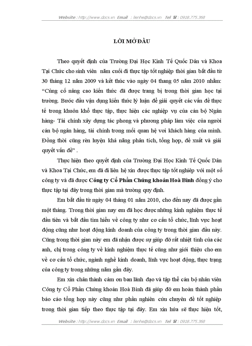 Báo cáo thực tập tổng hợp Tại Công ty Cổ Phần Chứng khoán Hoà Bình
