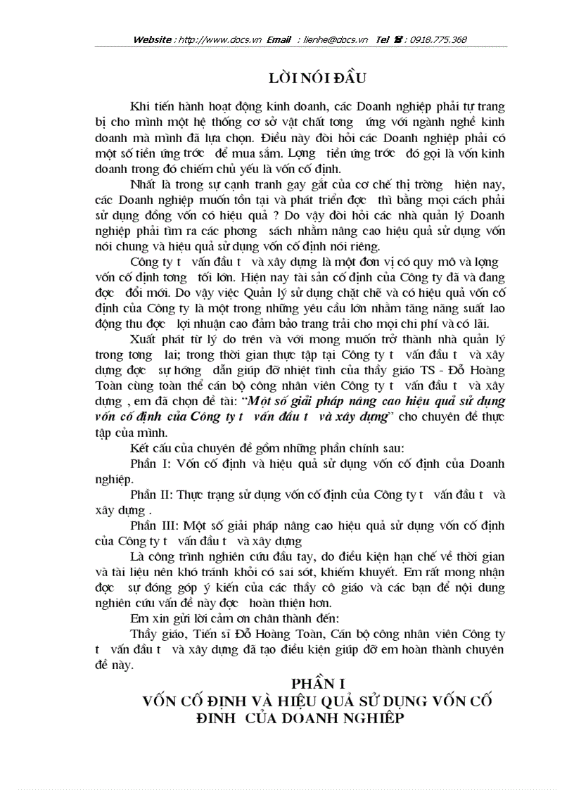 1số giải pháp nâng cao hiệu quả sử dụng vốn cố định của Công ty tư vấn đầu tư và xây dựng
