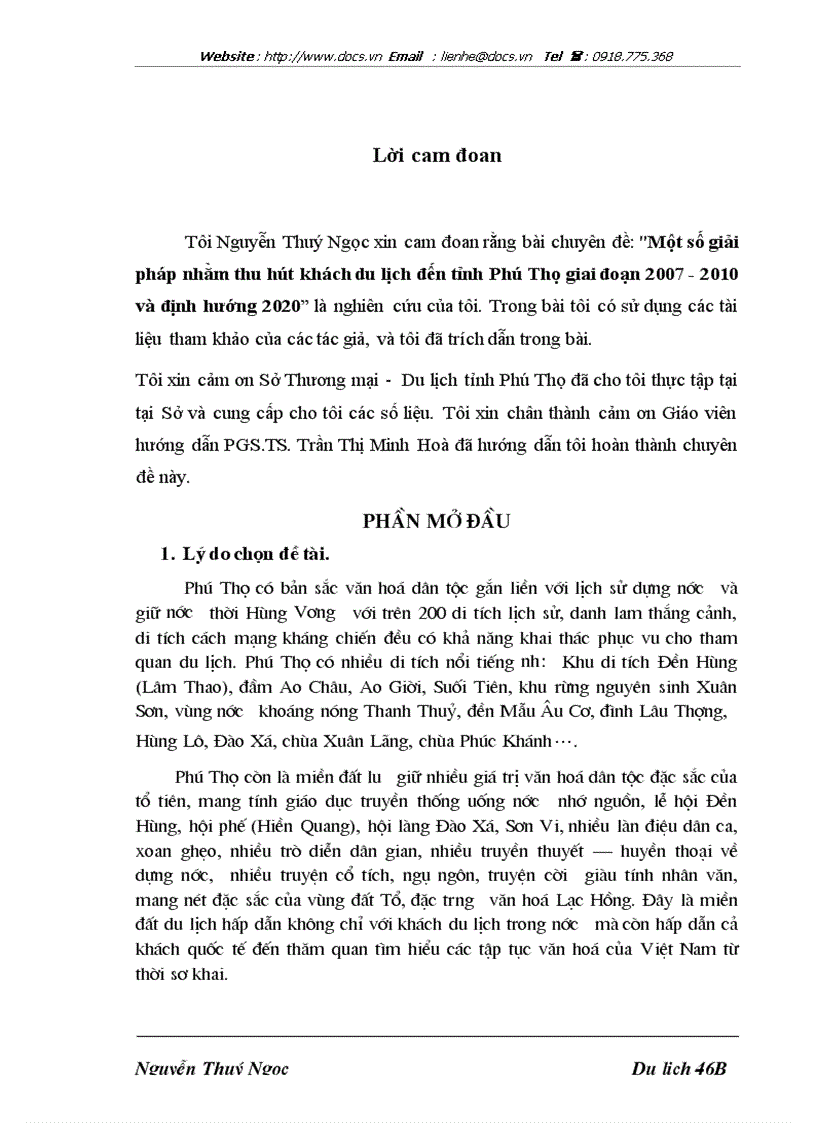 Một số giải pháp nhằm thu hút khách du lịch đến tỉnh Phú Thọ giai đoạn 2007 2010 và định hướng 2020