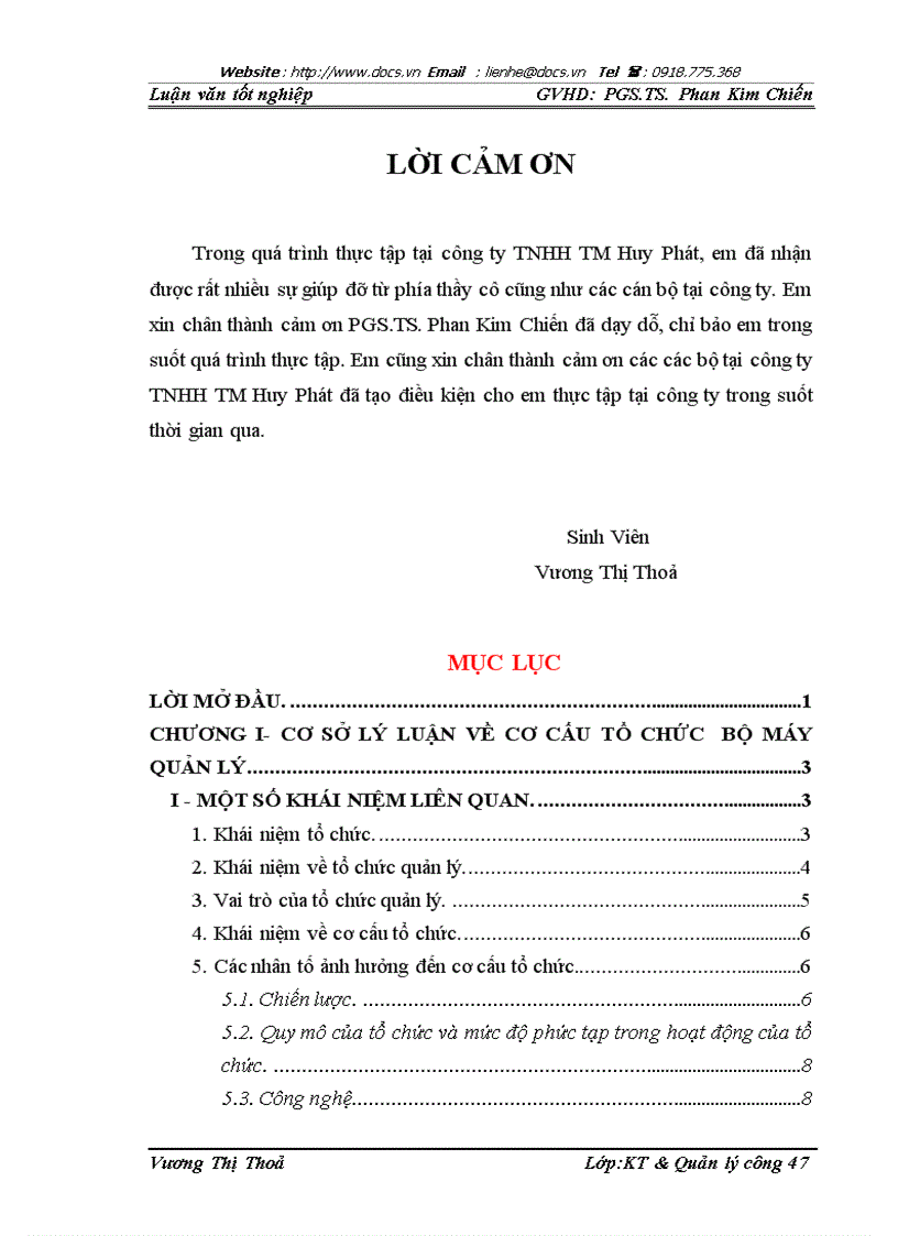 Một số giải pháp nhằm hoàn thiện cơ cấu tổ chức quản lý cho công ty TNHH thương mại Huy Phát