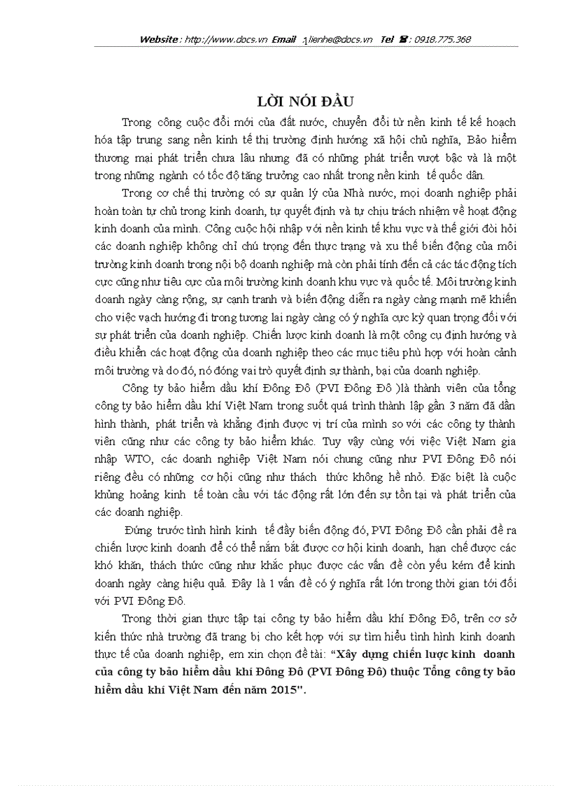 Xây dựng chiến lược kinh doanh của công ty bảo hiểm dầu khí Đông Đô PVI Đông Đô thuộc Tổng công ty bảo hiểm dầu khí Việt Nam đến năm 2015