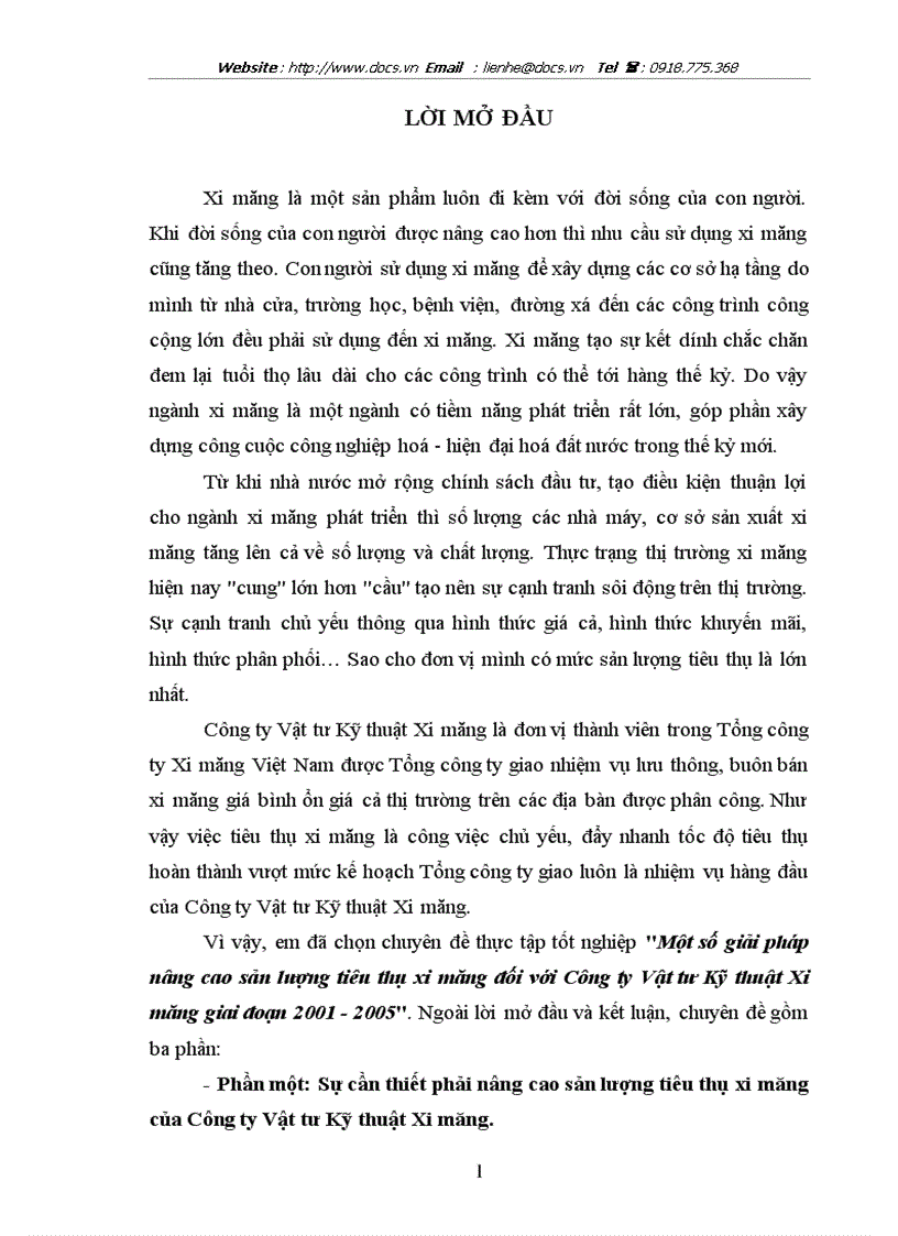 Một số giải pháp nâng cao sản lượng tiêu thụ xi măng đối với Công ty Vật tư Kỹ thuật Xi măng giai đoạn 2001 2005