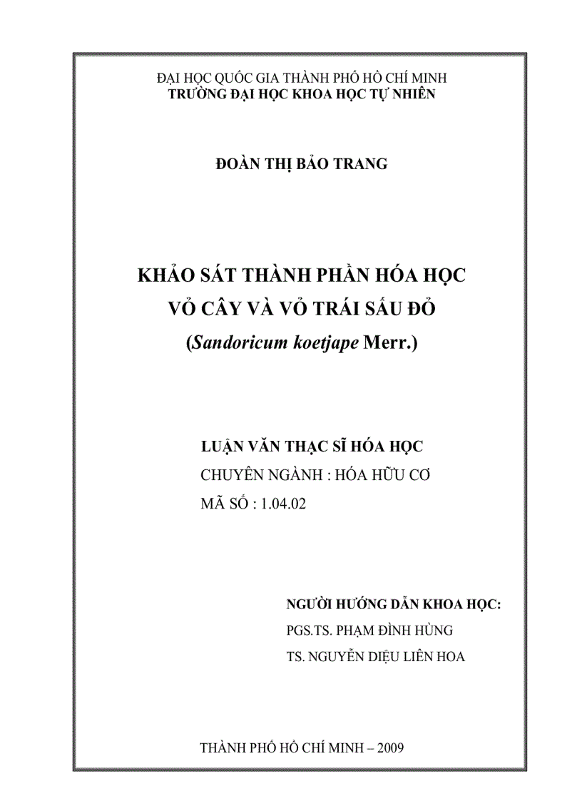 Khảo sát thành phần hóa học vỏ cây và vỏ trái sấu đỏ Sandoricum koetjape Merr