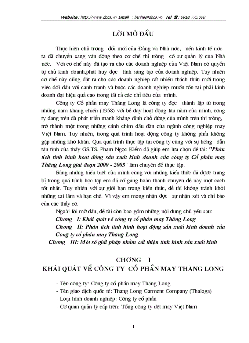 Phân tích tình hình hoạt động sản xuất kinh doanh của công ty Cổ phần may Thăng Long giai đoạn 2000 2005