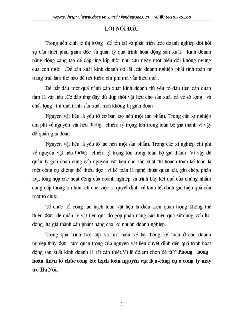 Phương hướng hoàn thiện tổ chức công tác hạch toán nguyên vật liệu công cụ ở Công ty mây tre Hà Nội