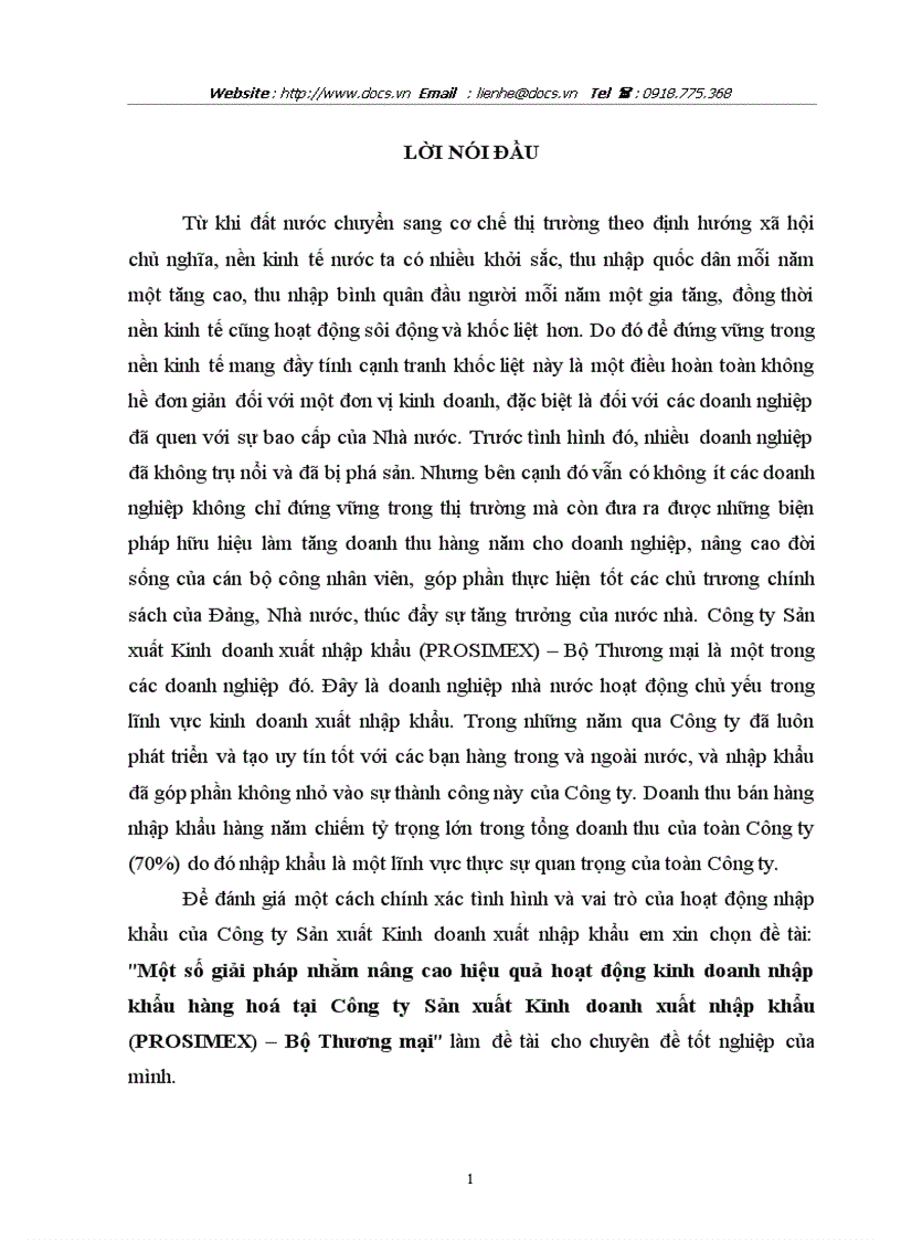 Một số giải pháp nhằm nâng cao hiệu quả hoạt động kinh doanh nhập khẩu hàng hoá tại Công ty Sản xuất Kinh doanh xuất nhập khẩu PROSIMEX Bộ Thương