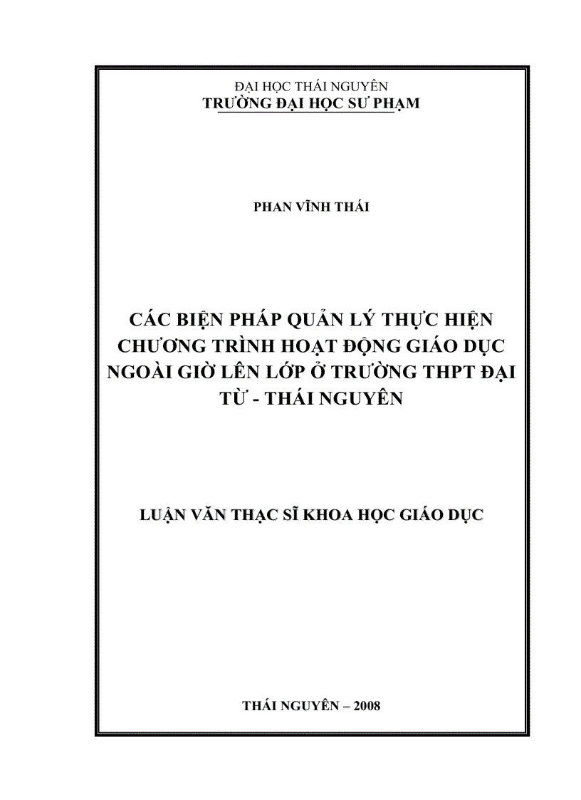 Các biện pháp quản lý thực hiện chương trình hoạt động giáo dục ngoài giờ lên lớp ở trường THPT Đại Từ Thái Nguyên