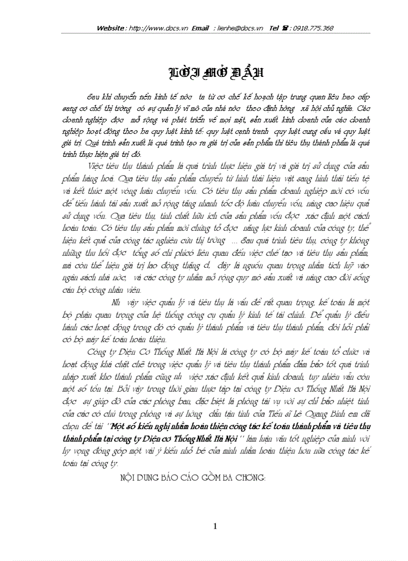 1số kiến nghị nhằm hoàn thiện công tác kế toán thành phẩm và tiêu thụ thành phẩm tại Công ty Điện cơ Thống Nhất Hà Nội