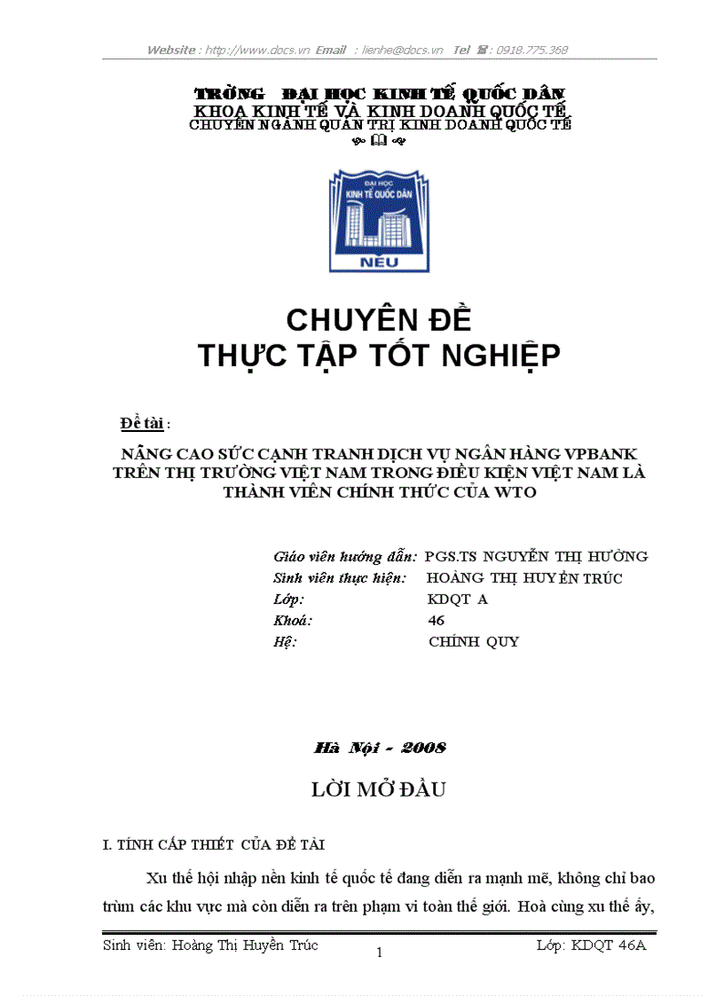 Nâng cao sức cạnh tranh dịch vụ ngân hàng vpbank trên thị trường việt nam trong điều kiện việt nam là thành viên chính thức của wto