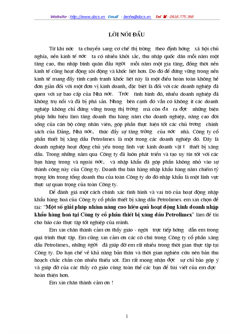 Một số giải pháp nhằm nâng cao hiệu quả hoạt động kinh doanh nhập khẩu hàng hoá tại Công ty cổ phần thiết bị xăng dầu Petrolimex