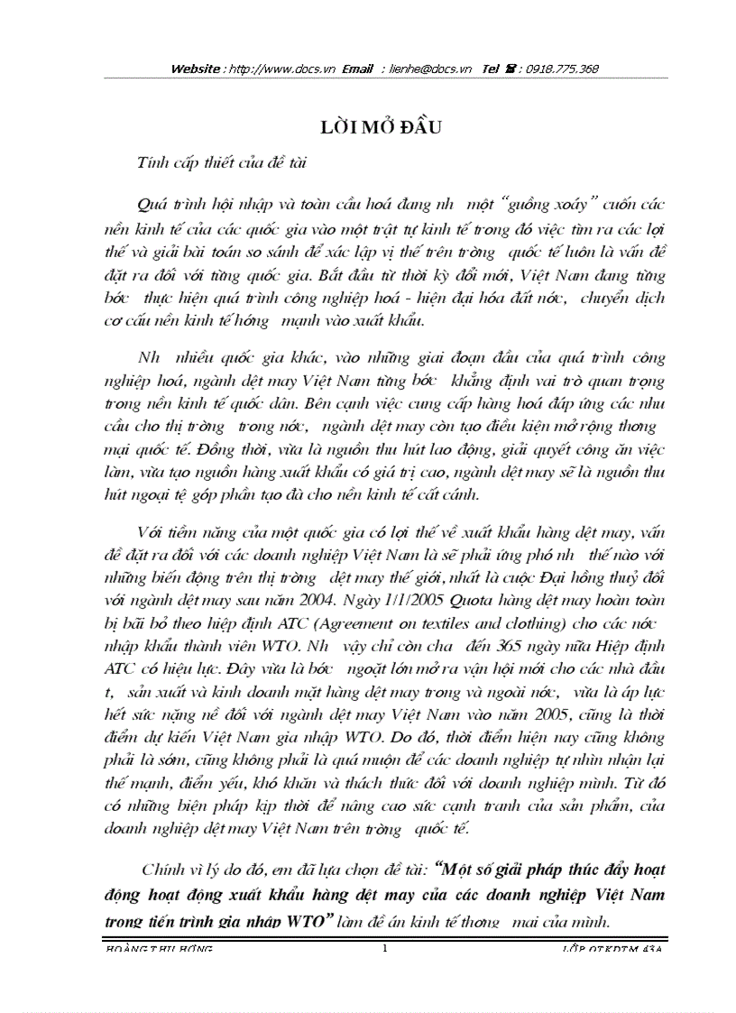 Một số giải pháp thúc đẩy hoạt động hoạt động xuất khẩu hàng dệt may của các doanh nghiệp Việt Nam trong tiến trình gia nhập WTO
