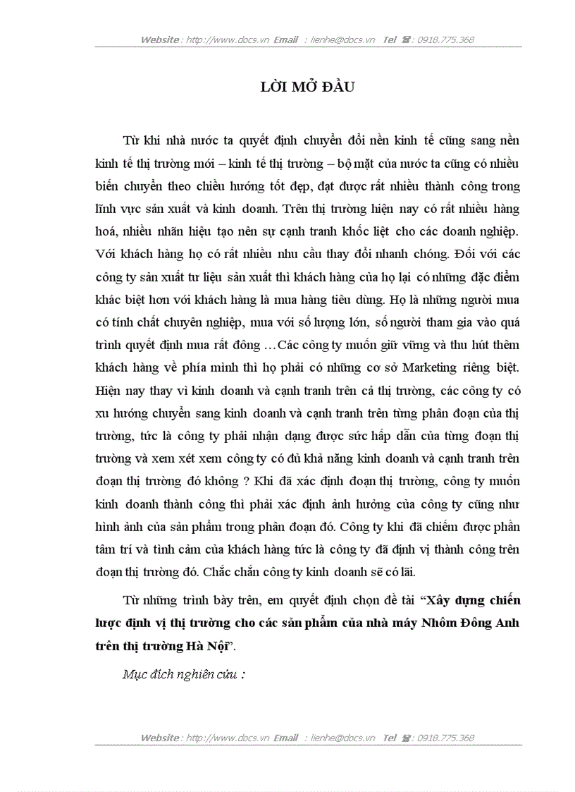 Xây dựng chiến lược định vị thị trường cho các sản phẩm của nhà máy Nhôm Đông Anh trên thị trường Hà Nội