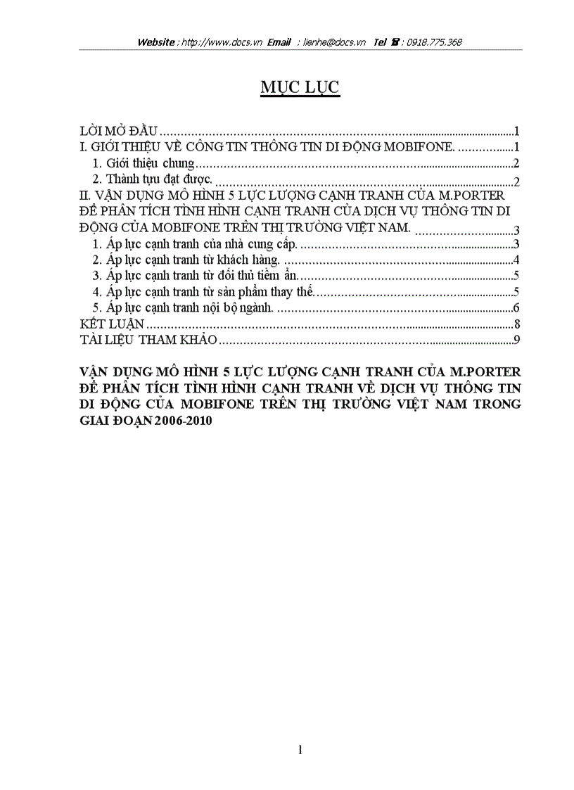 Vận dụng mô hình 5 lực lượng cạnh tranh của m porter để phân tích tình hình cạnh tranh về dịch vụ thông tin di động của mobifone trên thị trường việt