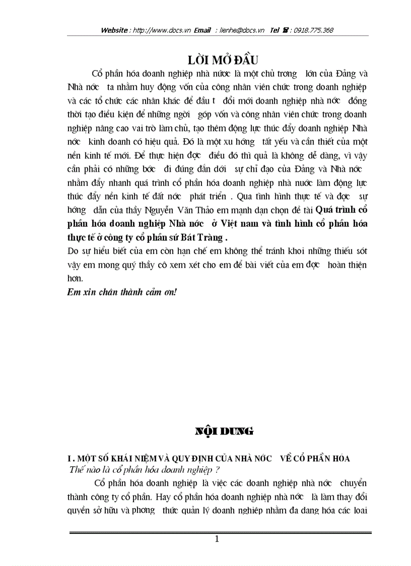 Quá trình cổ phần hóa doanh nghiệp Nhà nước ở Việt nam và tình hình cổ phần hóa thực tế ở công ty cổ phần sứ Bát Tràng