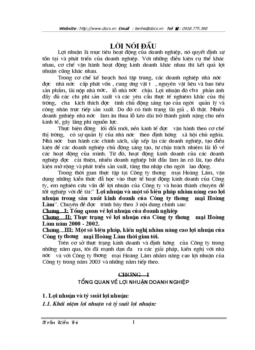 Lợi nhuận và một số biện pháp nhằm nâng cao lợi nhuận trong sản xuất kinh doanh của Công ty thương mại Hoàng Lâm