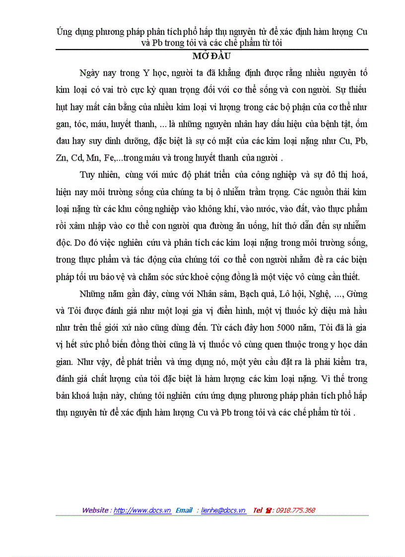 Úng dụng phương pháp phân tích phổ hấp thụ nguyên tử để xác định hàm lượng Cu và Pb trong tỏi và các chế phẩm từ tỏi