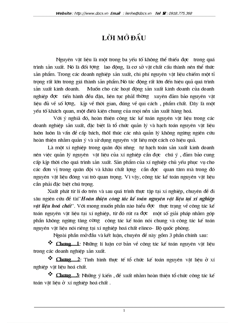 Hoàn thiện công tác kế toán nguyên vật liệu tại xí nghiệp vật liệu hoá chất