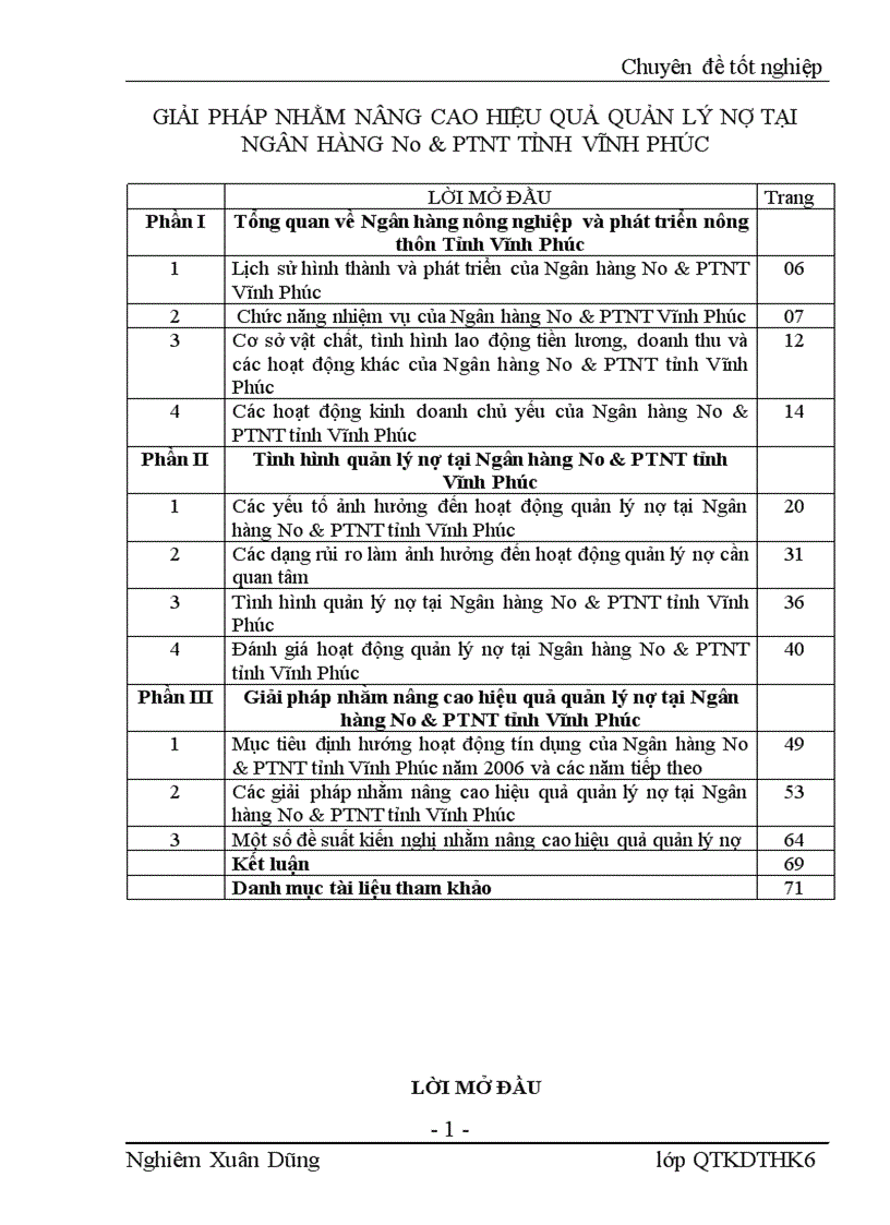 Giải pháp nhằm nâng cao hiệu quả quản lý nợ tại Ngân hàng No PTNT tỉnh Vĩnh Phúc