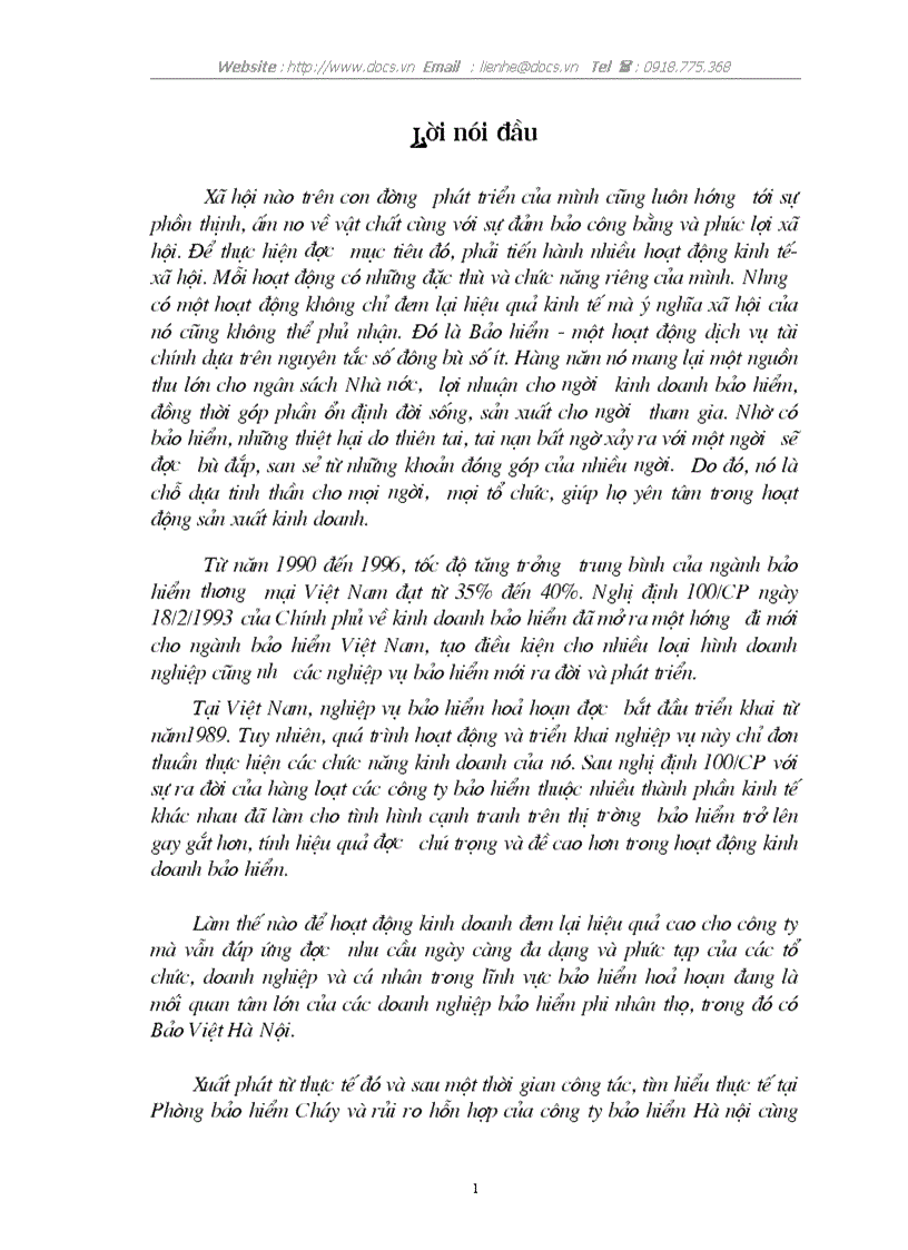 Một số giải pháp nhằm nâng cao hiệu quả kinh doanh nghiệp vụ bảo hiểm hoả hoạn tại công ty bảo hiểm Hà nội để nghiên cứu