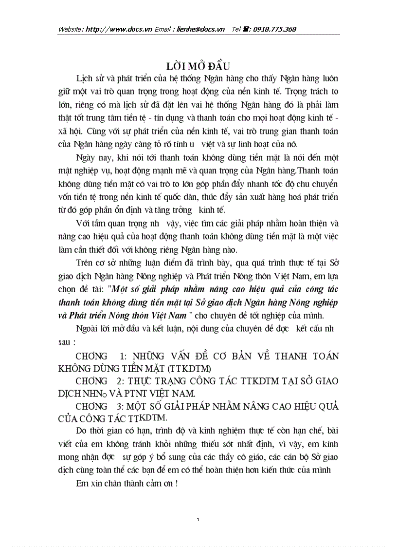 1số giải pháp nhằm nâng cao hiệu quả của công tác thanh toán không dùng tiền mặt tại Sở Giao dịch ngânhàng NHNo PTNT AgriBank Việt Nam