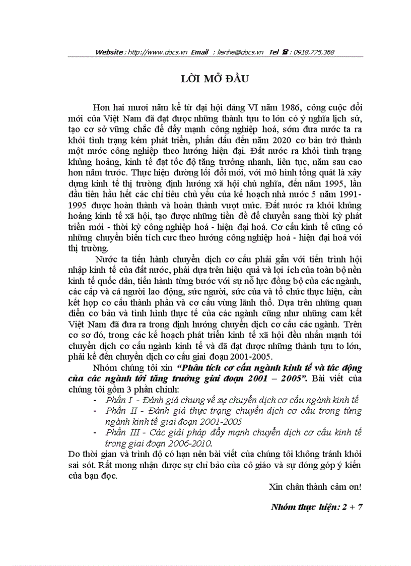 Phân tích cơ cấu ngành kinh tế và tác động của các ngành tới tăng trưởng giai đoạn 2001 2005