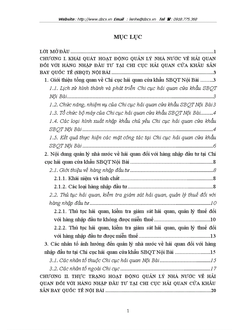 Quản lý nhà nước về hải quan đối với hàng nhập đầu tư tại Chi cục hải quan cửa khẩu SBQT Nội Bài thực trạng và giải pháp hoàn thiện