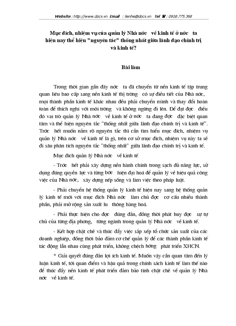 Mục đích nhiệm vụ của quản lý Nhà nước về kinh tế ở nước ta hiện nay thể hiện nguyên tắc thống nhất giữa lãnh đạo chính trị và kinh tế