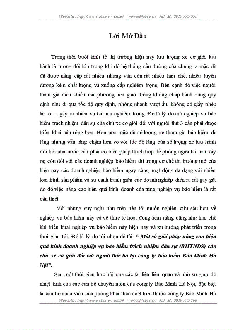 Một số giải pháp nâng cao hiệu quả kinh doanh nghiệp vụ bảo hiểm trách nhiệm dân sự BHTNDS của chủ xe cơ giới đối với người thứ ba tại công ty bảo h