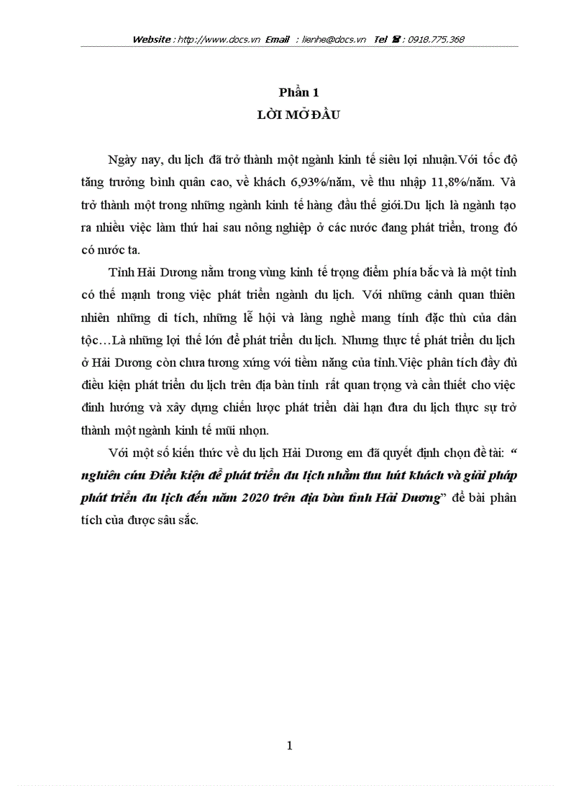 Nghiên cứu Điều kiện để phát triển du lịch nhằm thu hút khách và giải pháp phát triển du lịch đến năm 2020 trên địa bàn tỉnh Hải Dương